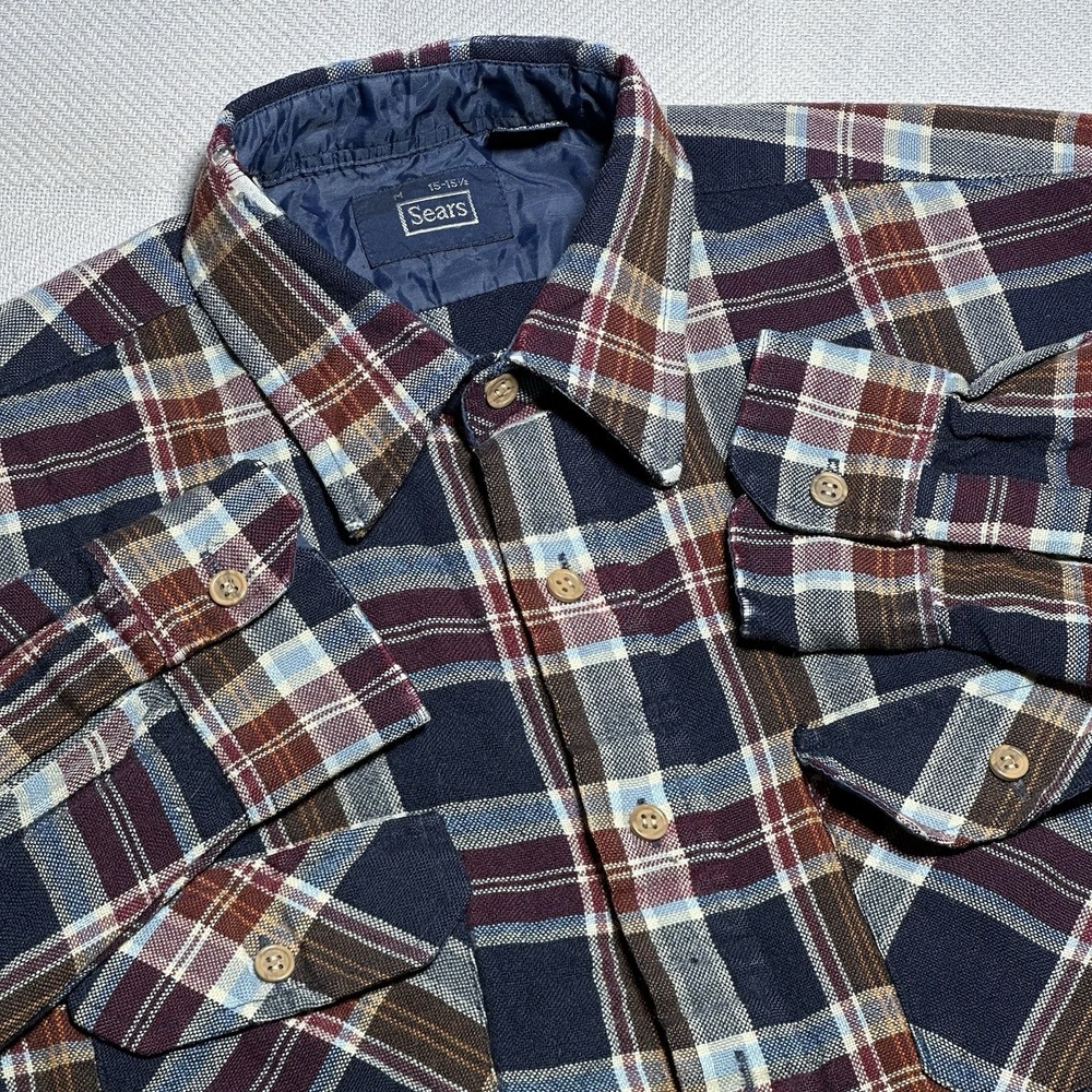 Vintage 70s 80s Sears Flannel Shirt Mens Medium Navy Plaid Acrylic‎ Dual Pocket